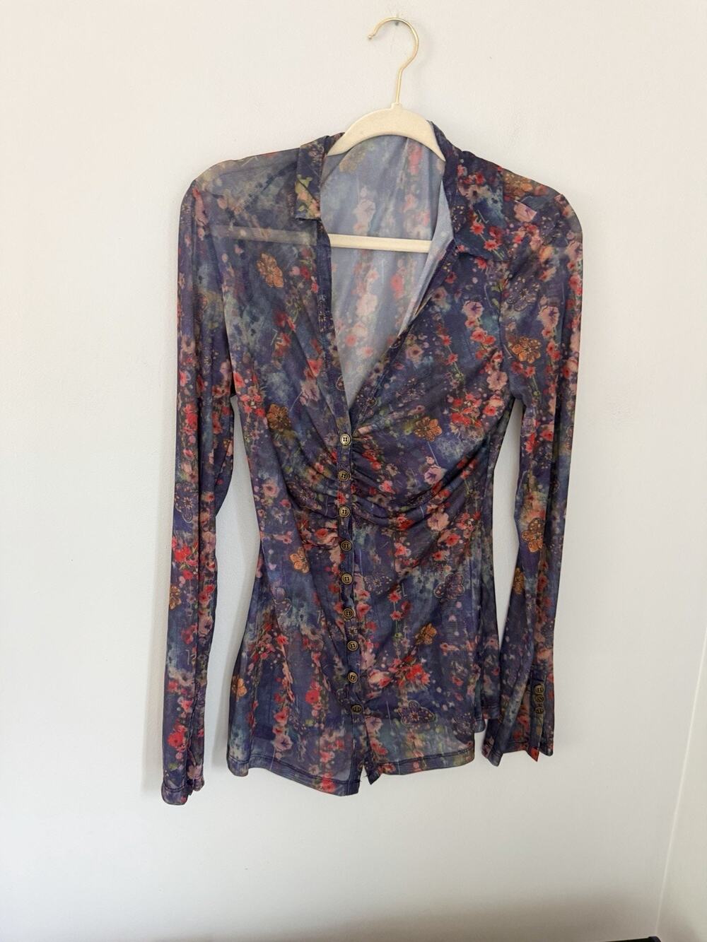 Natural Life Carina Mesh Womens L Watercolor Indigo Floral Button Mesh Top